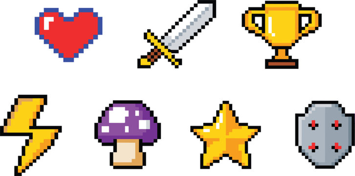 Pixel art video game icons set with heart, sword, trophy, lightning, mushroom, star and shield