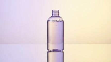 Purple cosmetic bottle with liquid on reflective surface