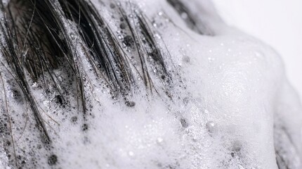 Macro shot of shampoo foam and bubbles on dark hair