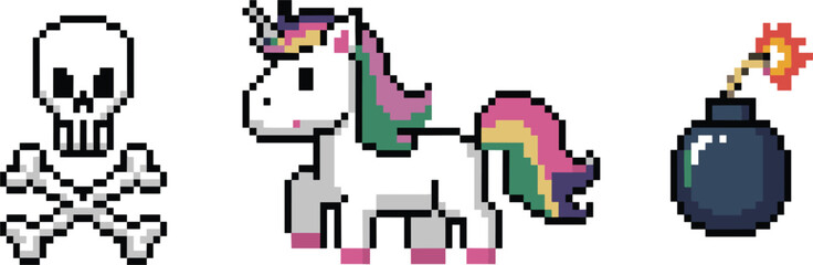 Fototapeta premium Retro pixel art video game icons set with skull and crossbones, magical rainbow unicorn, and bomb