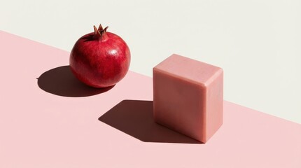 Pomegranate and pink soap bar on minimalist background