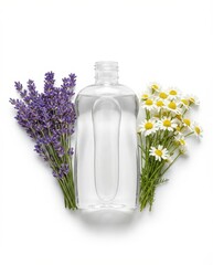 Natural beauty product bottle with lavender and chamomile flowers