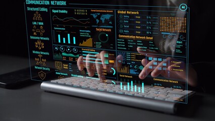 Data center monitoring dashboard visualize network performance, connection status, usage rate, and telecommunication insight. Data center monitoring efficiency improvement network transparency. Thunk
