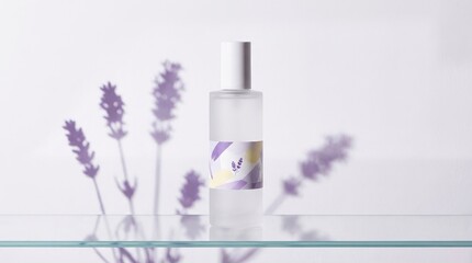Minimalist lavender mist spray bottle on glass shelf