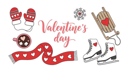 Valentine's Day Elements: A heartwarming composition of Valentine's Day essentials, featuring cozy mittens, ice skates, a warm drink, and a festive scarf, all adorned with symbols of love. 