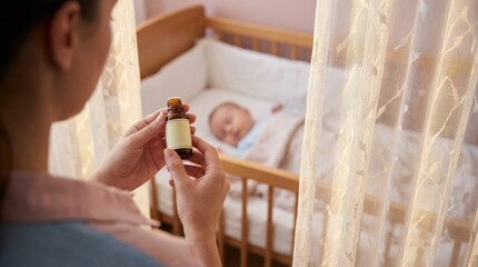 Mother holding medicine bottle near sleeping baby in nursery