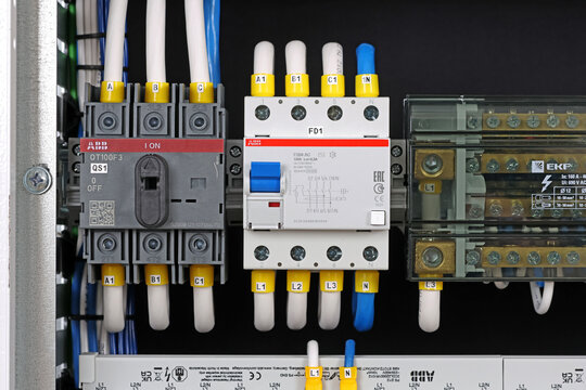 Circuit breakers from ABB to protect electrical loads from short-circuiting. Installed in the electrical control panel. 