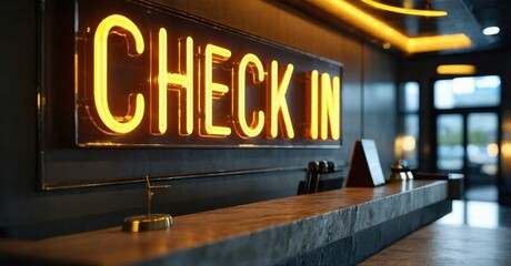 Hotel reception desk features bright neon check in sign. Modern interior design, warm lighting creates inviting atmosphere. Minimalist aesthetic.