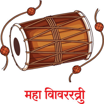 Maha Shivratri vector illustration featuring traditional wooden damru drum with strikers and bold red Devanagari religious holiday typography.