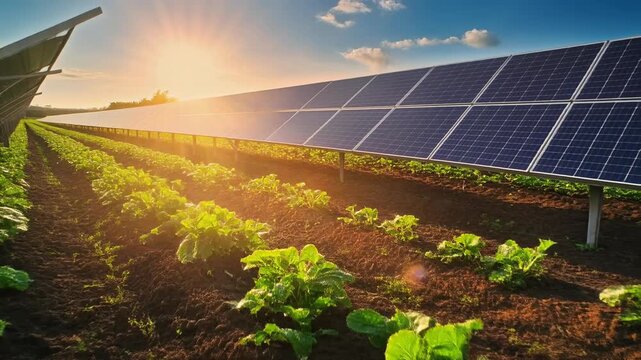 Solar panels in a tilled field under a bright sun, clean energy farm with rows of crops