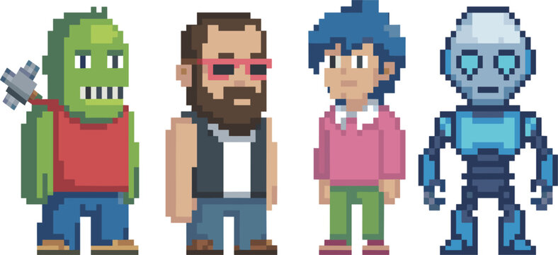 Retro pixel art video game character set including green ogre, bearded man, blue haired person, and robot