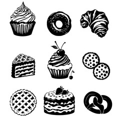 Black and White Bakery Desserts Icons Set