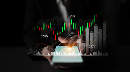 A professional evaluating stock market trends on a smartphone, with vivid financial graphs overlayed on a dark backdrop, illustrating investment strategies and market analysis. Scalp