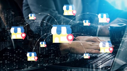 Digital Marketing Concept with Multiple Small Business Icons and Location Pins Overlaid on a Laptop in a Modern Office Environment Gluon.