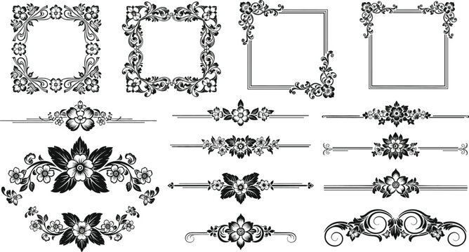 Vintage floral vector design element set featuring decorative square frames horizontal dividers and ornate flower flourishes in black.