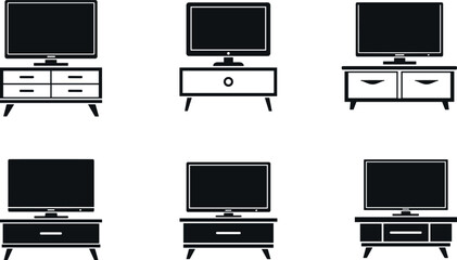 Modern TV Stand and Entertainment Center Vector Icon Set Featuring Various Cabinet Designs Drawers and Minimalist Furniture Silhouettes for Interior Design