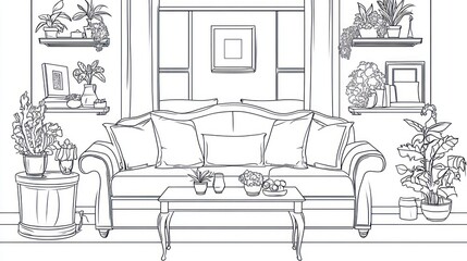 Interior sketch of a living room with plants and sofa.  Possible use Coloring book illustration