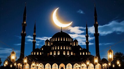 Grand mosque bathed in a serene glow at night, with a prominent crescent moon symbolizing spiritual observance and Islamic celebration like Ramadan or Eid