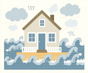Naklejka premium House surrounded by waves with clouds in the sky during a stormy weather scene