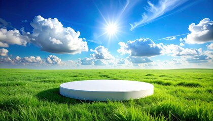 Minimalist white circular product podium set in a lush green meadow under a bright blue sky with fluffy white clouds