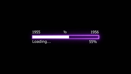 Loading 100 percent complete progress bar digital interface technology modern design white color 4k illustration. New year 1955 to 1956 loading. Neon bright rectangle frame black background.