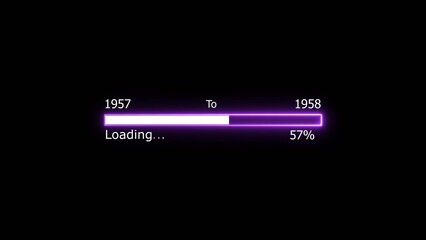 Loading 100 percent complete progress bar digital interface technology modern design white color 4k illustration. New year 1957 to 1958 loading. Neon bright rectangle frame black background.
