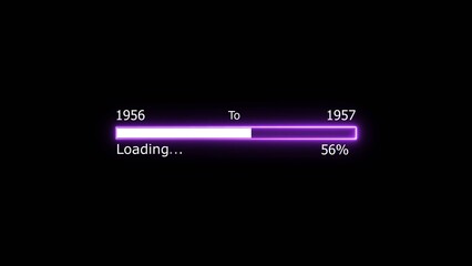 Loading 100 percent complete progress bar digital interface technology modern design white color 4k illustration. New year 1956 to 1957 loading. Neon bright rectangle frame black background.