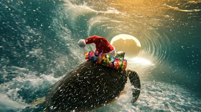 Underwater Christmas: A sea turtle, adorned with a festive Santa hat and a stack of presents, swims through the crystalline ocean with sunlight illuminating a cresting wave.