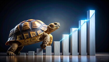 A tortoise climbing a rising golden bar graph with a glowing upward arrow against a dark blue background