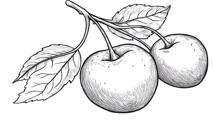 Hand drawn cherries on branch, botanical illustration, food art, possible use in print or digital media