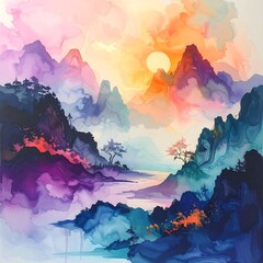 Watercolor Painting of Mountains at Sunset.