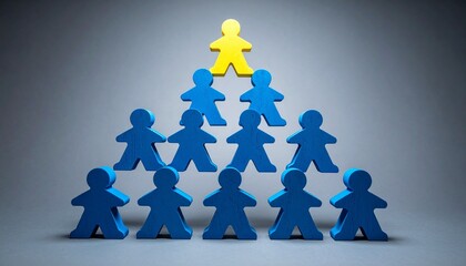 A glowing yellow wooden figure standing at the peak of a pyramid of blue figures on a grey background