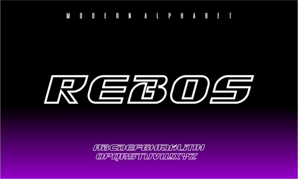 Modern alphabet font RebOS with white outline.