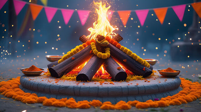 Ceremonial Festival Fire with Marigold Garlands and Offerings, Traditional Ritual Celebration