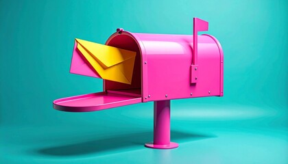 Bright pink 3D mailbox with a yellow envelope inside against a solid teal background