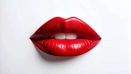 Obraz premium Close-up of vibrant red glossy lips slightly parted to reveal clean white teeth against a white background
