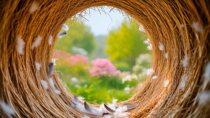 A creative perspective through a tunnel of branches and feathers. At the end of the tunnel, a brightly lit spring landscape with green trees and pink flowers is visible. A symbol of home, safety, and 
