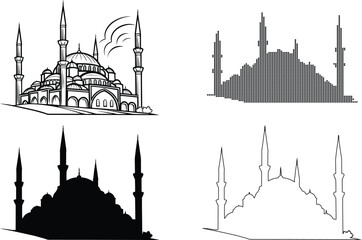 Famous silhouette of the Blue Mosque in Istanbul, Turkey, featuring Ottoman architecture with its iconic dome and minaret towers against the city skyline as a symbol of religion and travel © Osman