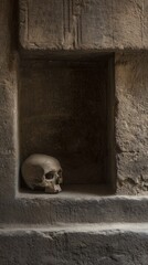 crypt. Weathered stone skull in a wall niche with soft directional lighting. event programs, museum guides, designed for cultural heritage projects and event programs, preserves heritage.

