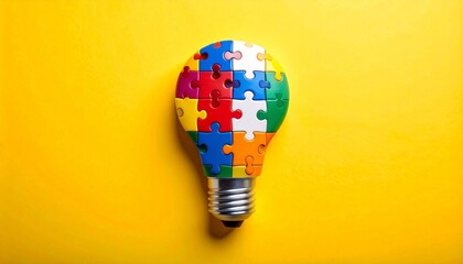Lightbulb shape made of colorful interlocking puzzle pieces centered on a solid yellow background