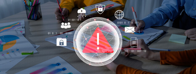 Red warning triangle representing a cybersecurity threat or data breach alert, surrounded by digital security and network protection icons, symbolizing cyber risk awareness Parse