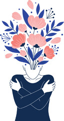Mental health and self care concept vector illustration with person hugging themselves and blooming flowers growing from head representing positive mind growth.