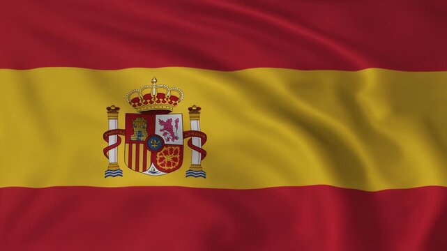 Cinematic close-up of the national flag of Spain waving with realistic fabric textures and golden crest
