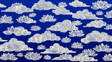 saturated. Symmetrical geometric patterns of clouds and lotus flowers on blue. event programs, museum guides, designed for cultural heritage projects and event programs, preserves heritage.
