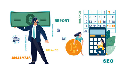 Business. Businessman investor makes dollar to bitcoin exchange, budget for financing, investment growth. Girl do calculations. Poster, audit, people, bank prosperity profitability.Vector illustration