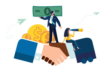 Handshake, business concept, people. Money, Businessman with dollar, investor, woman with binoculars explore financial market, gold cents. Signing of documents, successful contract.Vector illustration