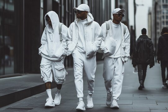 monochrome street wear with all-white outfits and sneakers