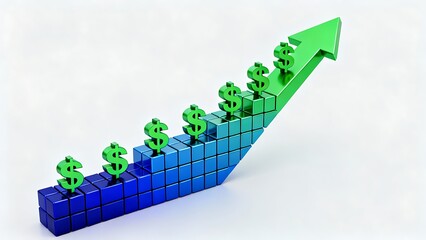 The three-dimensional financial arrow graph illustrates growth and wealth.