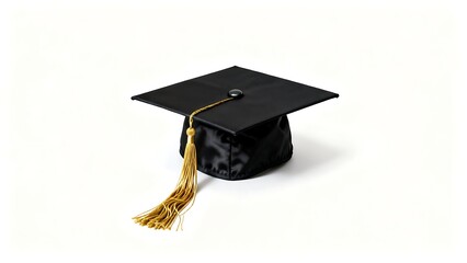 A traditional black graduation cap with a long gold tassel is placed against a white background.