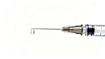 Syringe with liquid drop, medical theme, isolated on a white background